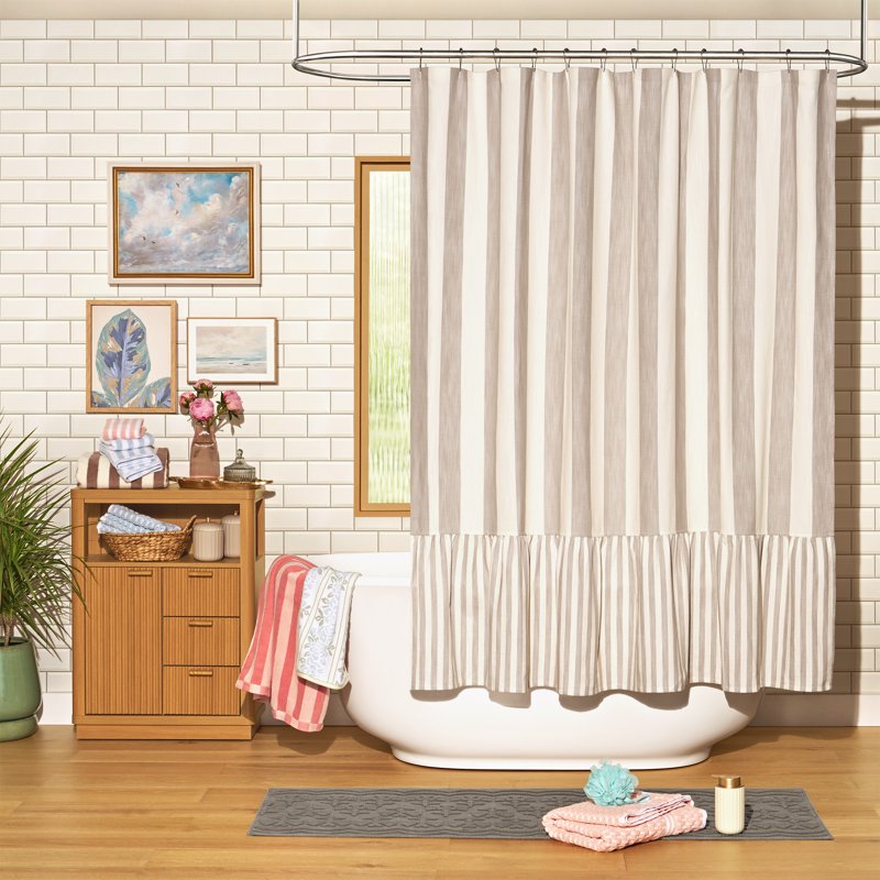 Fawn Stripe Shower Curtain - Match & Mix with Ruffled Hem, 72x72 in