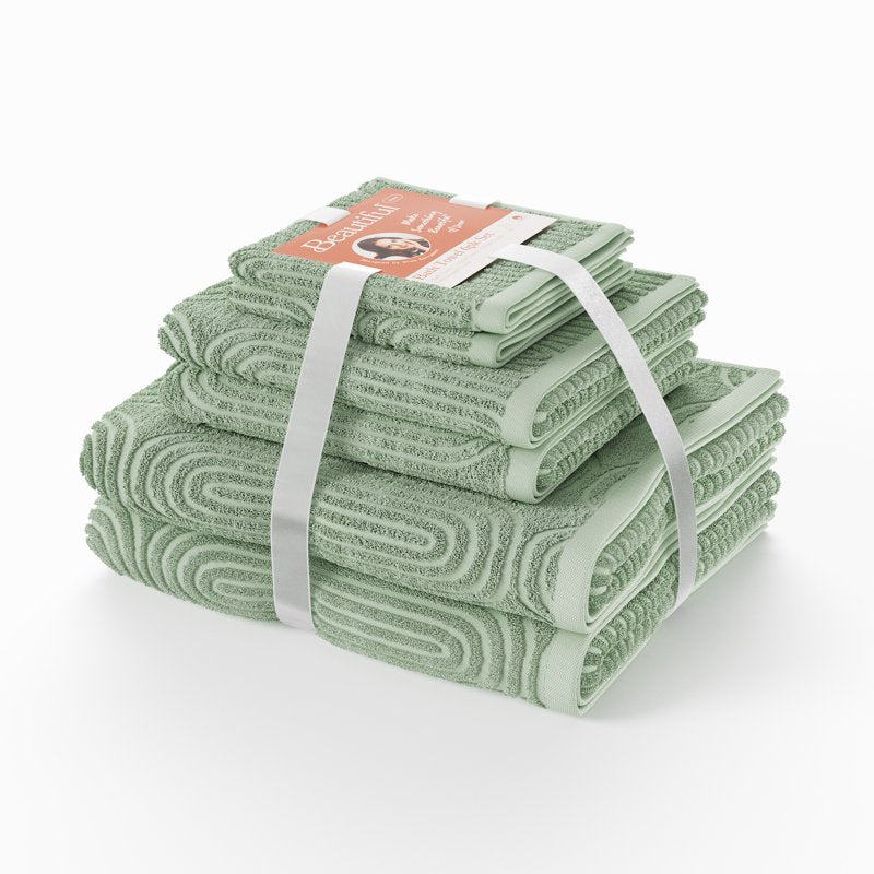 Beautiful by Drew Barrymore 6-Piece Cotton Bath Set - Sage Green, Includes 2 Bath Towels, 2 Hand Towels, 2 Washcloths - Made in Green Certified