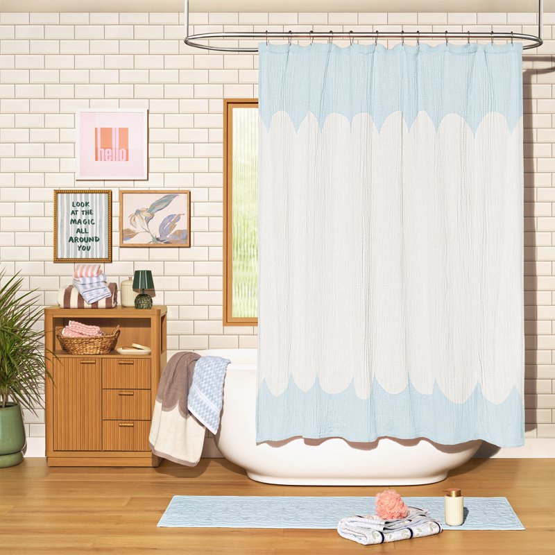 Hydrangea Blue Scallop Gauze Shower Curtain - 72x72 Inches, Cotton, Drew Barrymore