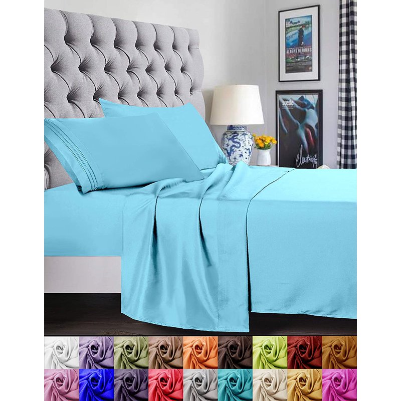Queen Aqua Blue Microfiber Bed Sheet Set with Deep Pockets - Breathable & Wrinkle-Free