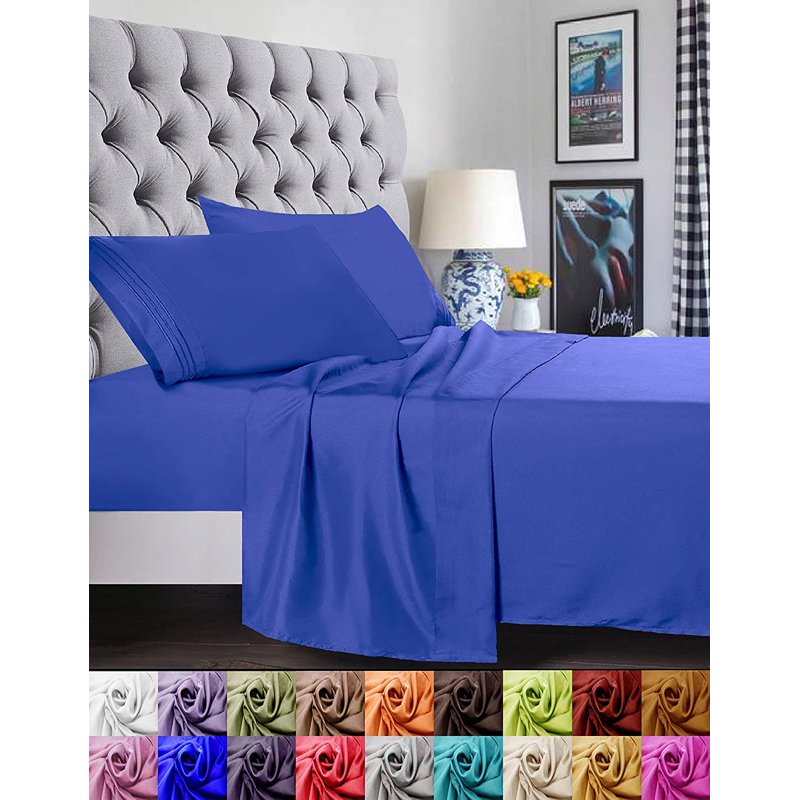 Queen Blue Bed Sheet Set - Brushed Microfiber Bedding with Deep Pockets