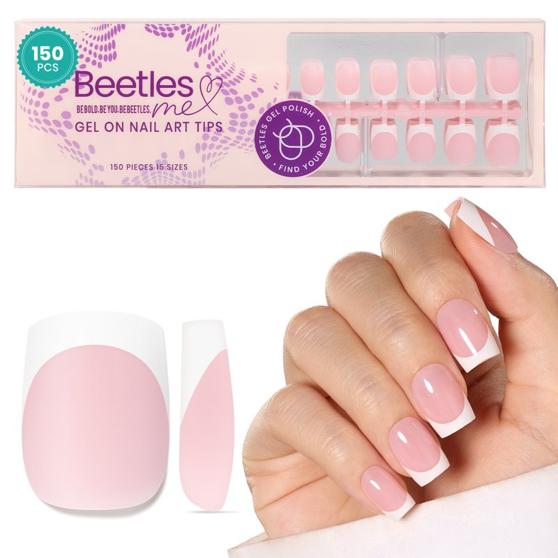 Press On Nails - 150 Pcs Pink Short Square French Tips, No File Needed