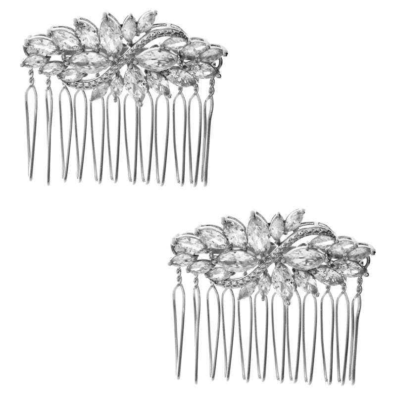 Silver Plated Marquise Cubic Zirconia Hair Comb Set - 2 Pieces