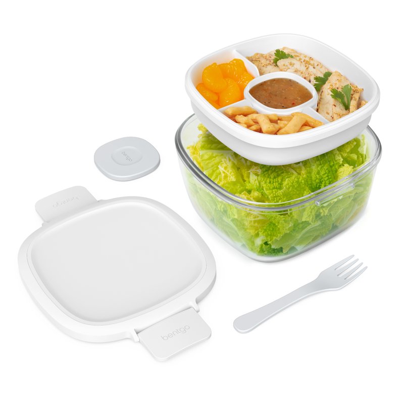 Leak-Proof Salad Container - 61-oz Glass Bowl with Fork - White