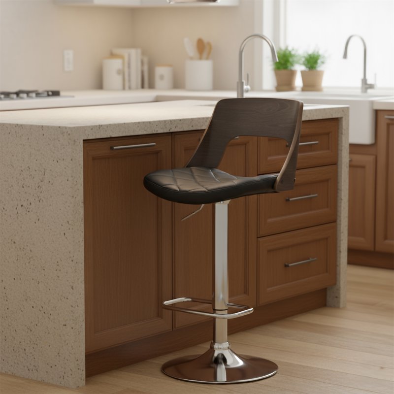 Adjustable Swivel Bar Stool - Modern Wood Seat with Diamond Quilted Finish, Weathered Oak & Gray Wood/Black