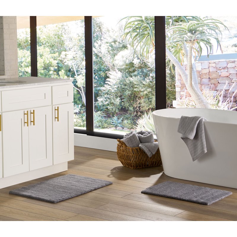 Reversible Cotton Bath Rug Set - Gray, 17x24 & 20x30 Inches