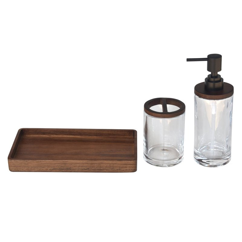 Acacia Wood and Glass Bathroom Accessories Set - Soap Dispenser Toothbrush Holder Tray