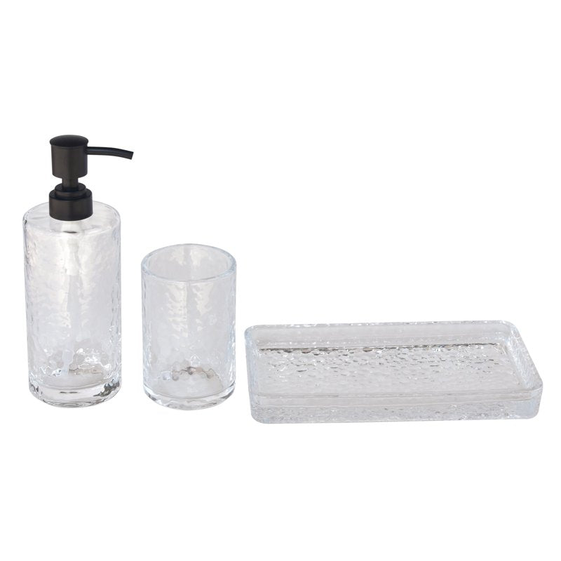 Hammered Glass Bathroom Accessories Set - Lotion Dispenser, Toothbrush Holder & Tray