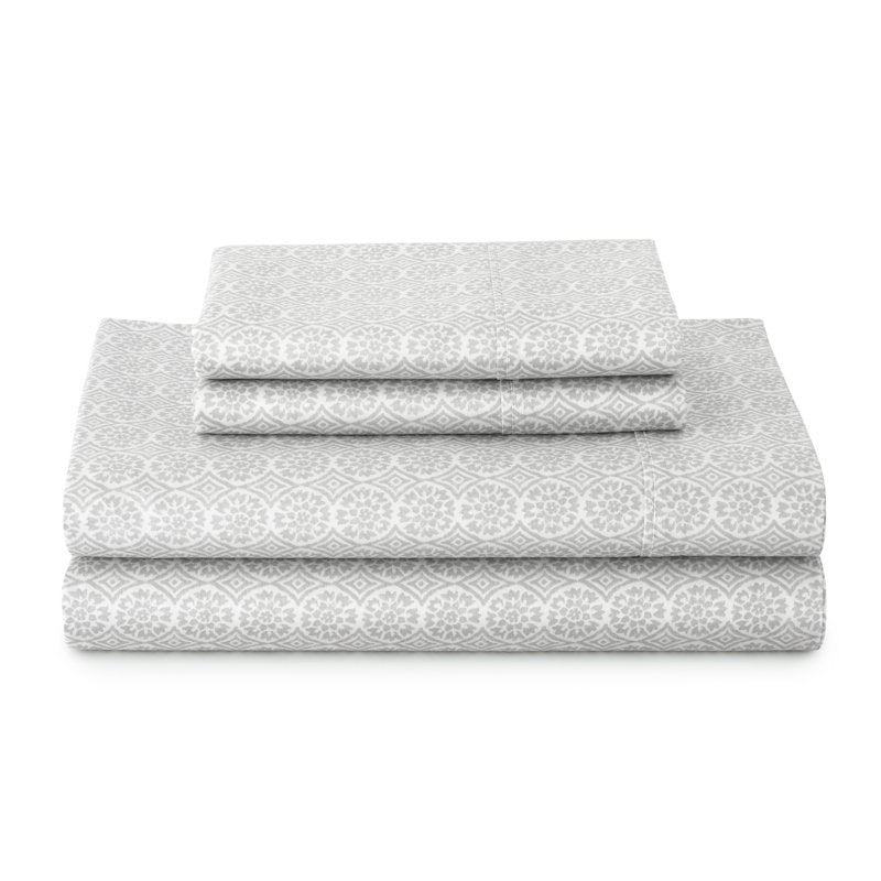 Twin Cotton Sateen Sheet Set with Wrinkle-Resistant Finish - Suzani Soft Silver