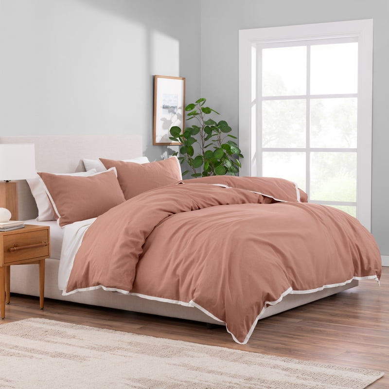 King Linen-Cotton Duvet Cover Set with Contrast Flange - Terracotta Dream