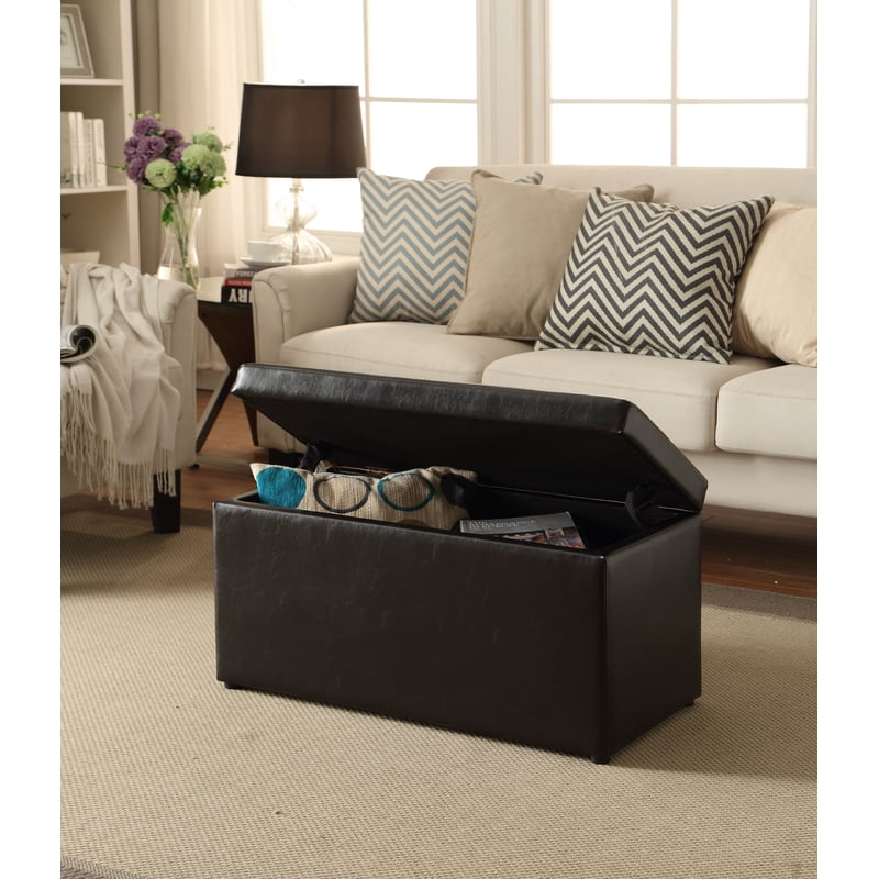 30 Inch Hinged Storage Ottoman - Brown Faux Leather