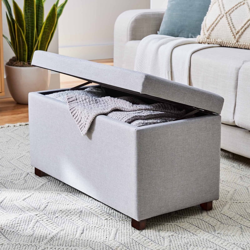 30-Inch Gray Faux Linen Storage Ottoman with Soft Closing Hinge