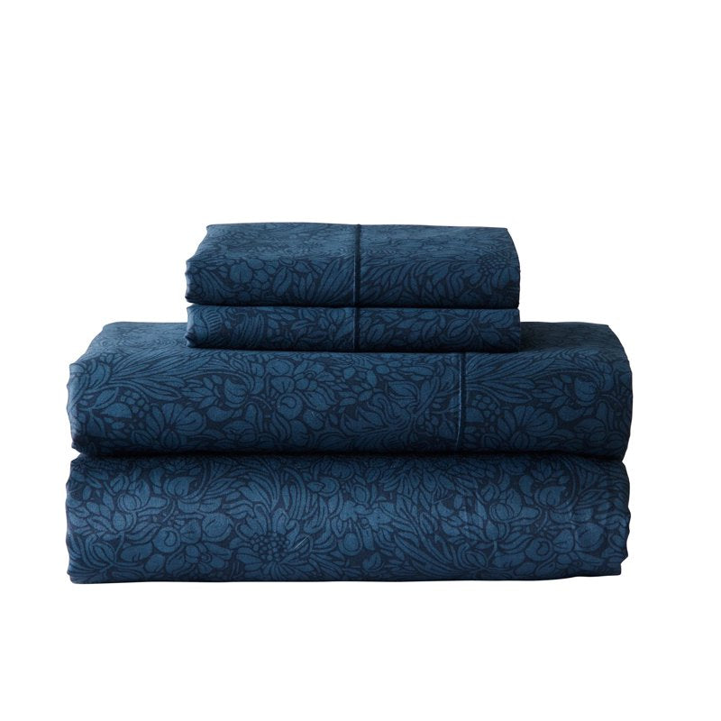 Queen Cotton Sateen Bed Sheet Set with Flexi-Fit - Otaki Floral Blue Cove