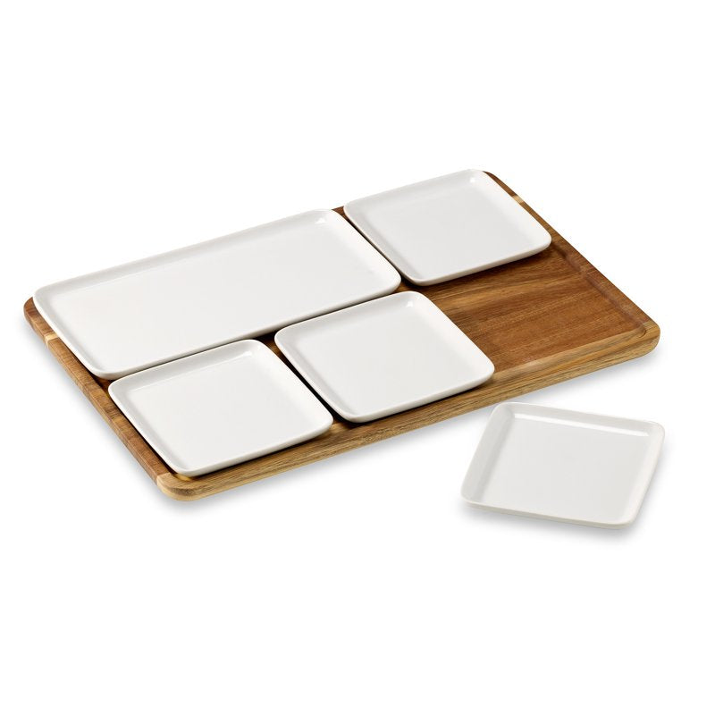6-Piece White Porcelain Grazing Board Set with Acacia Wood Tray