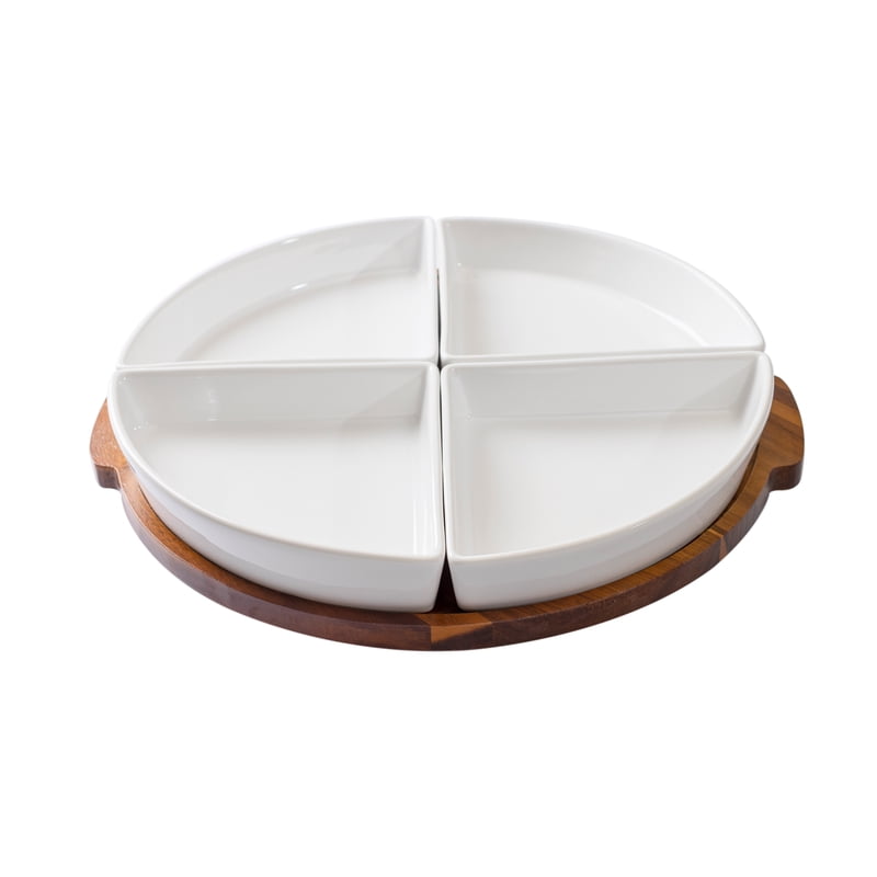 5-Piece Acacia Wood Lazy Susan Set with Ceramic Bowls