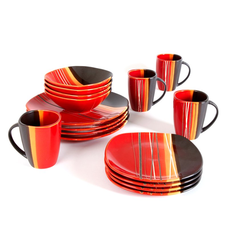 16-Piece Dinnerware Set - Red, Durable Stoneware Dinnerware