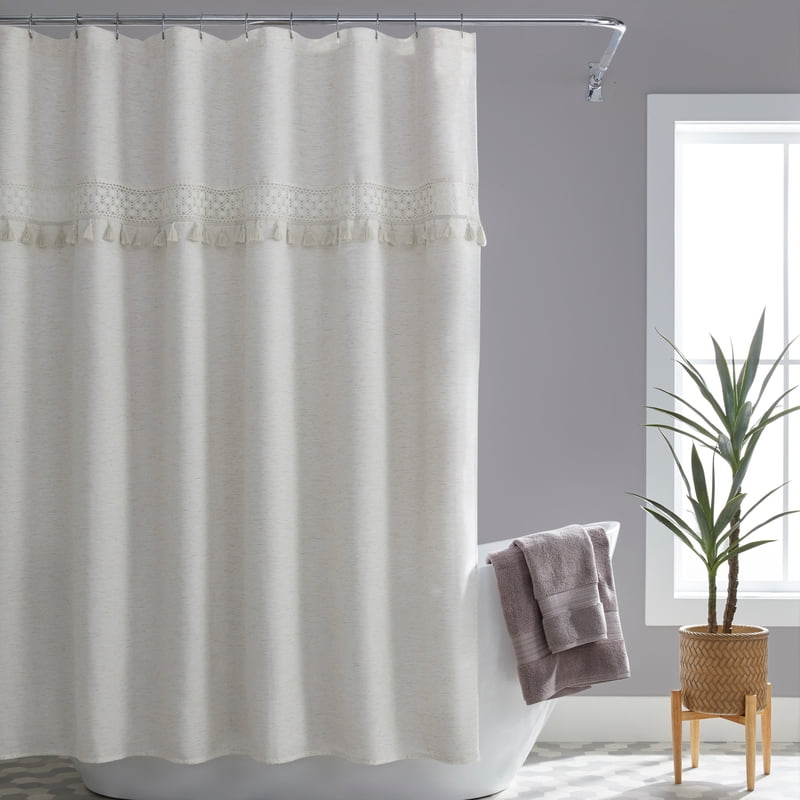 Crochet Shower Curtain Beige Linen Look 72x72 Inches - Bathroom Decor