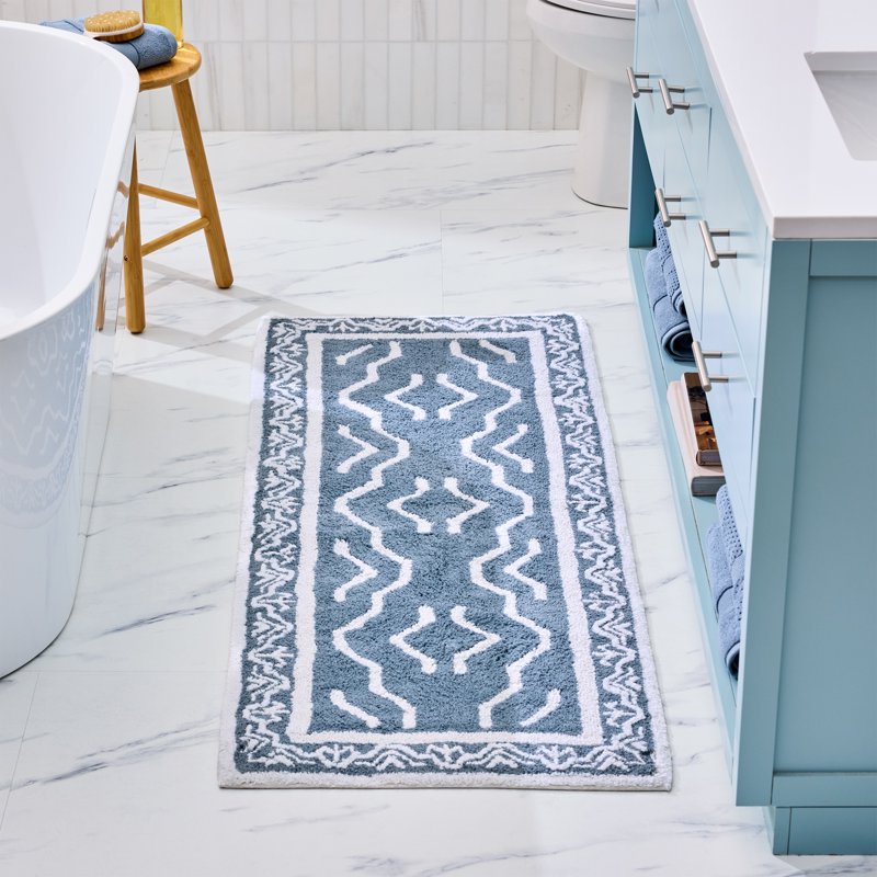 2' x 5' Bath Runner Rug - Blue Silver & White Oushak Style Cotton Mat