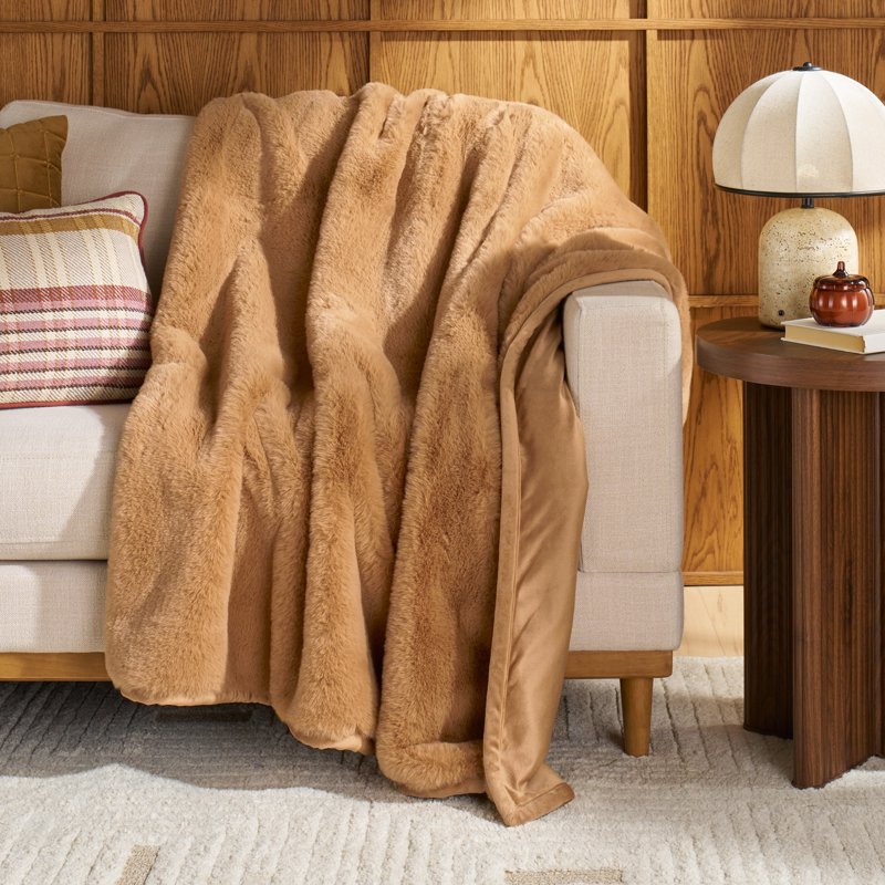 Reversible Faux Fur & Micromink Throw Blanket - Dark Caramel Solid Print, 50 x 72 in