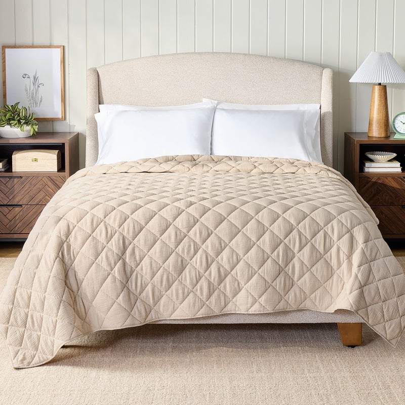 Full/Queen Reversible Diamond Gauze Quilt Beige - Breathable Cotton Bedding