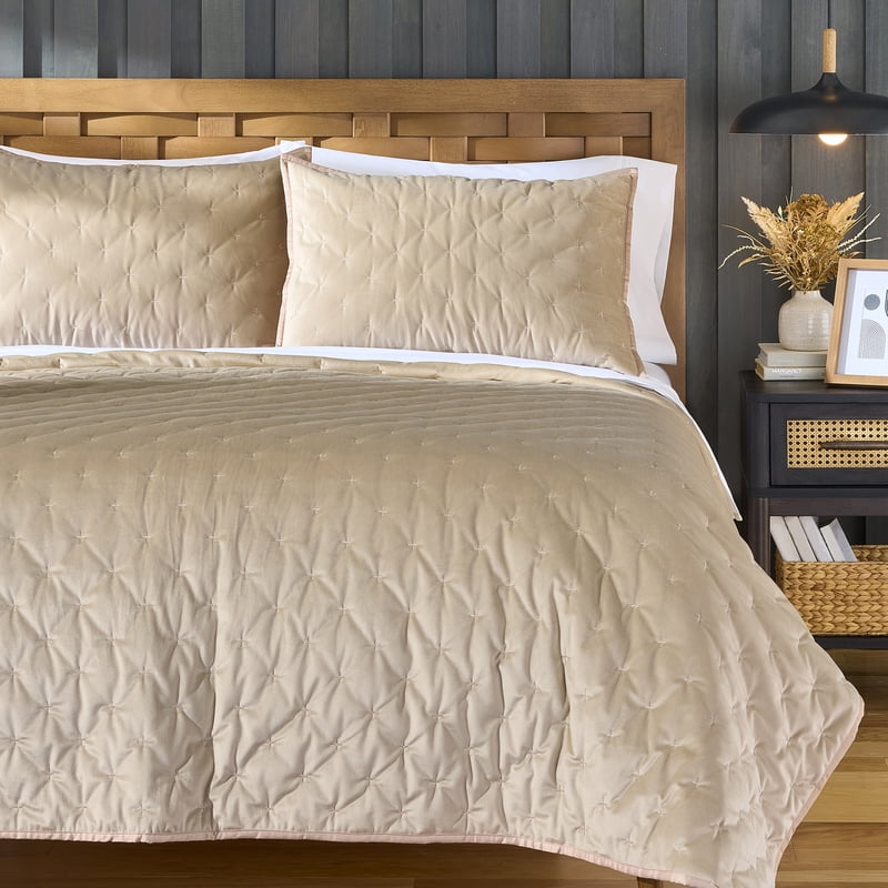 King Tan Velvet Embroidered Quilt - Better Homes & Gardens, Soft All-Season Bed Cover