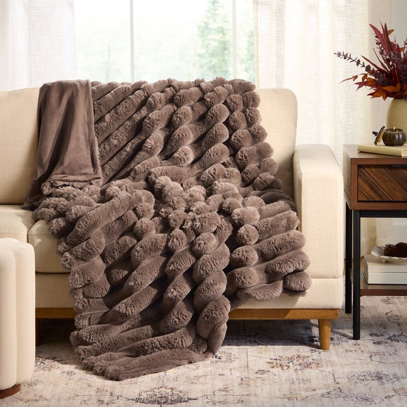 Reversible Faux Fur & Micromink Throw Blanket - Channel Pattern, 50 x 72 in - Channel Brown Basket