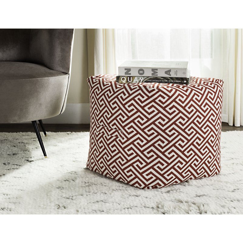 Red Greek Key Pouf - 18-Inch Soft Cotton Accent Footstool & Seat