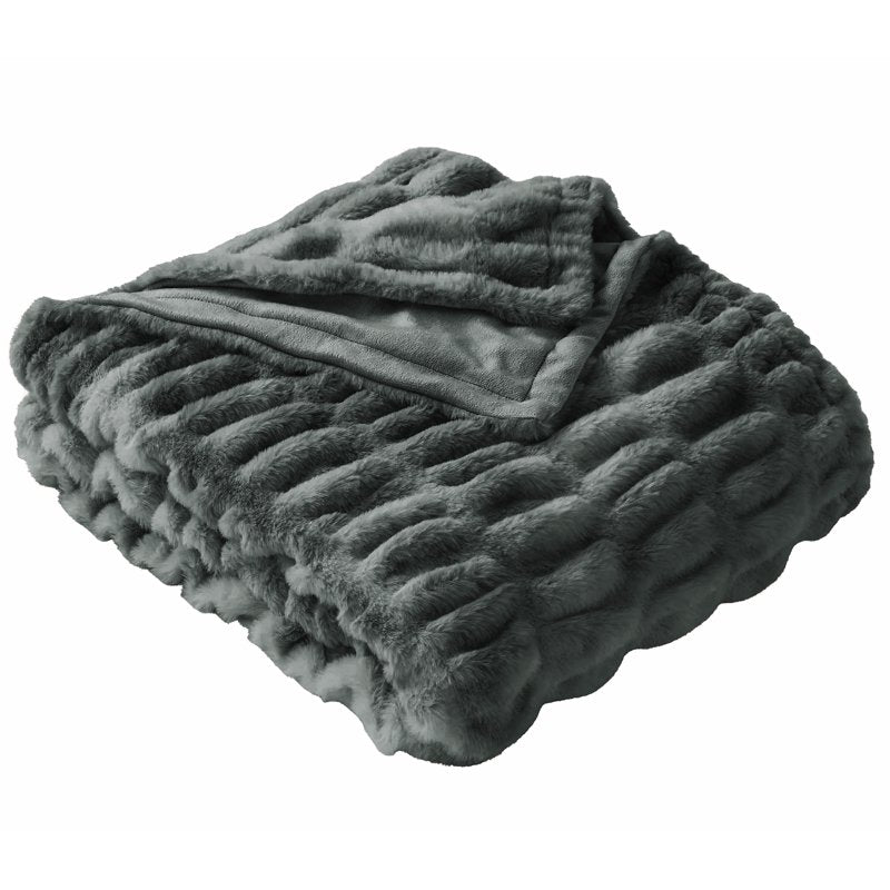 Better Homes & Gardens Gray Ruched Faux Fur Throw Blanket - Reversible 50 x 72 Inches