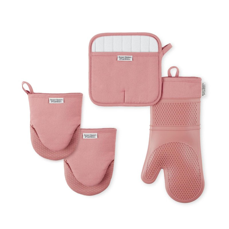 Honeycomb Silicone and Cotton Oven Mitt & Pot Holder Set - Dusty Rose