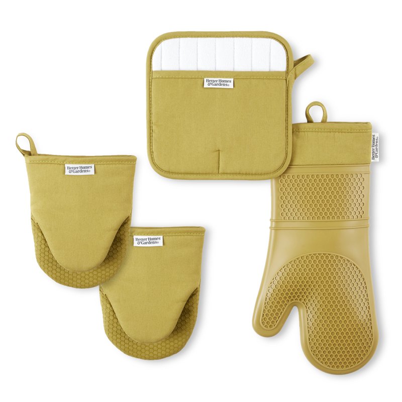 Silicone and Cotton Oven Mitt Set - 4 Pieces, Green Saddle