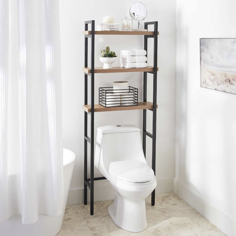 Over-the-Toilet Storage Shelf - Black Frame with Oak Shelves, 3-Tier Bathroom Organizer