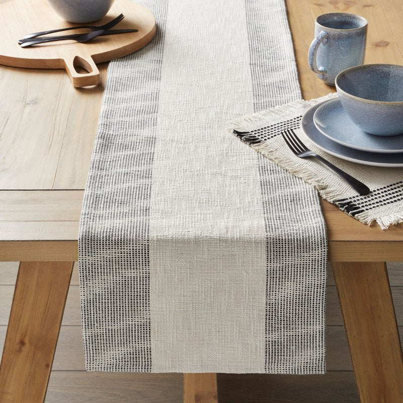 Cotton Woven Table Runner - Black & White Stripes - 14" x 90"