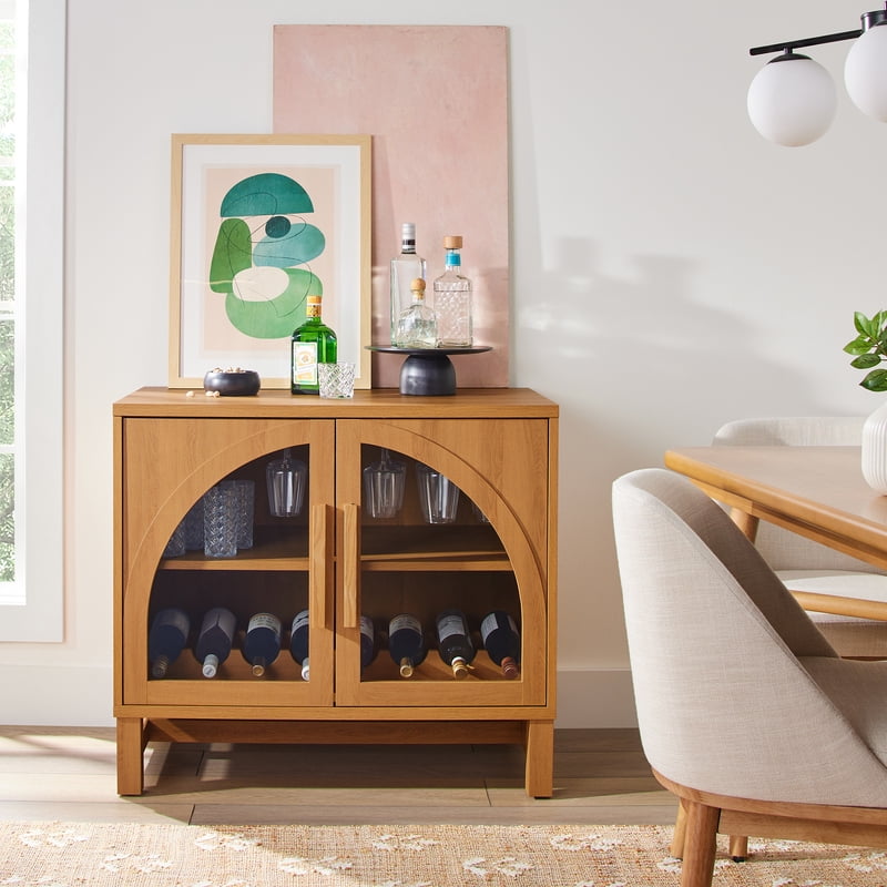 Better Homes & Gardens Juliet Bar Cabinet Light Honey Finish - Modern Kitchen Storage with Wine & Glassware Racks
