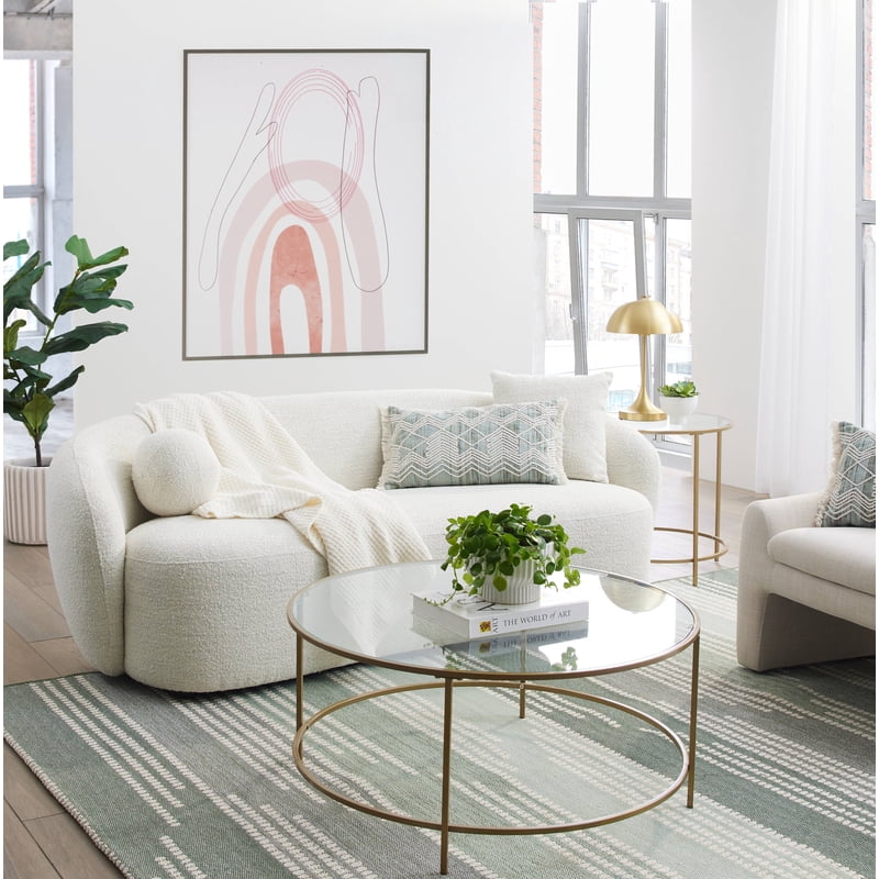 Modern Ivory Curved Sofa - 80.31 in, Includes 2 Accent Pillows