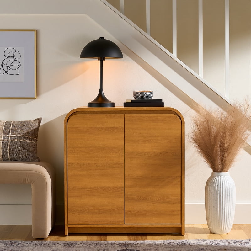 Warm Honey Curved Accent Cabinet with 2 Doors & 3 Shelves