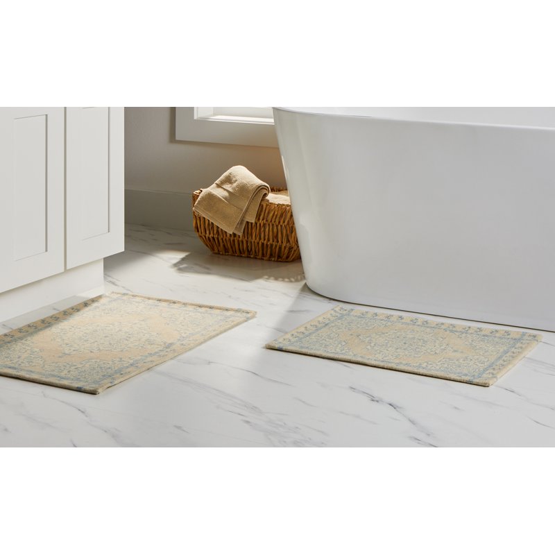 Beige Medallion Bath Rug Set - 2 Piece, Soft Boucle, Non-Slip Backing, Cool Papyrus Variation