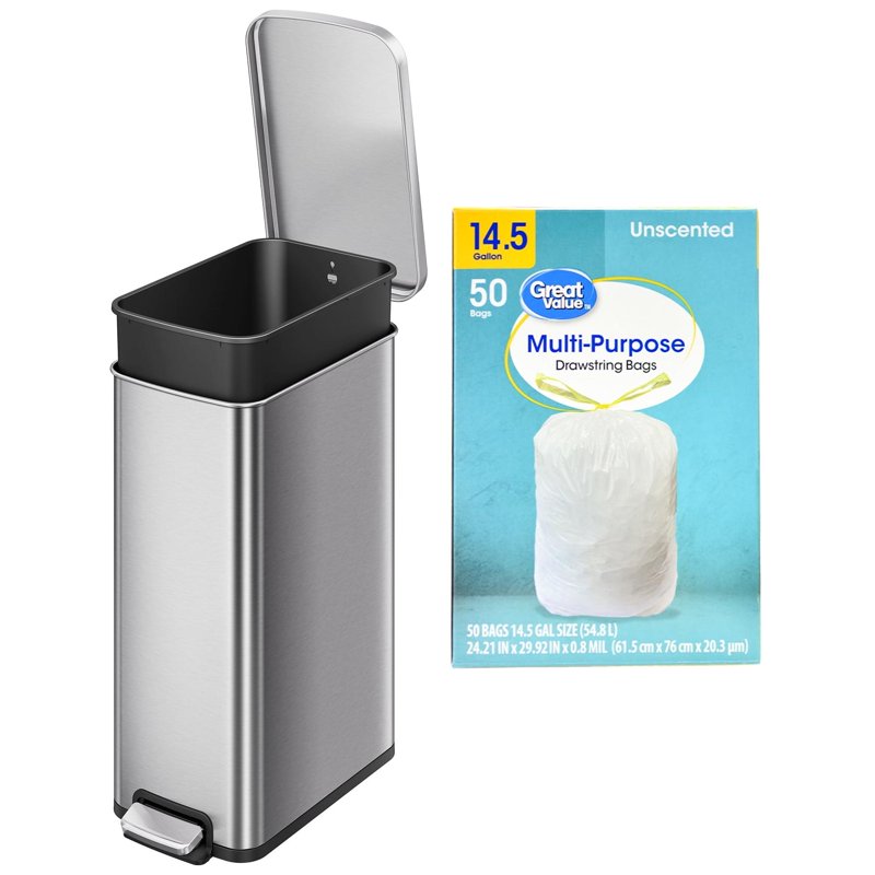 Stainless Steel Slim Step Trash Can with Trash Bag - 13.2 Gallon