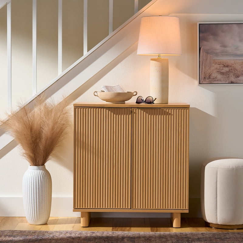 Fluted Accent Cabinet - Natural Pine Finish with Adjustable Shelves