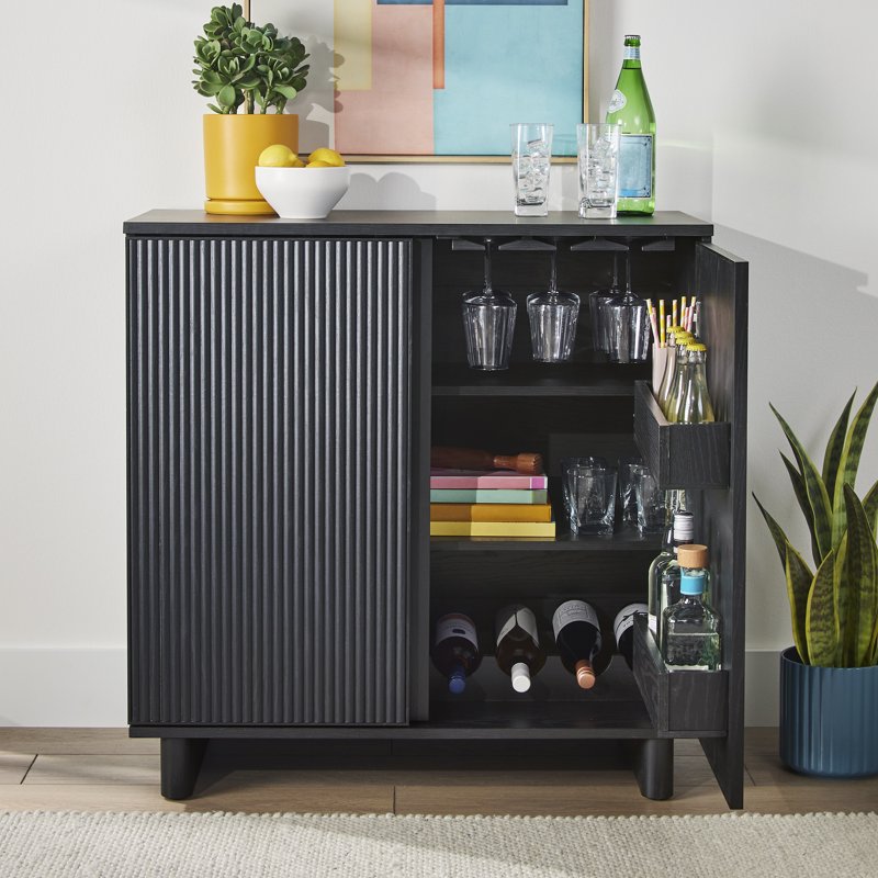 Lillian Fluted Bar Cabinet - Rich Black Finish with Storage