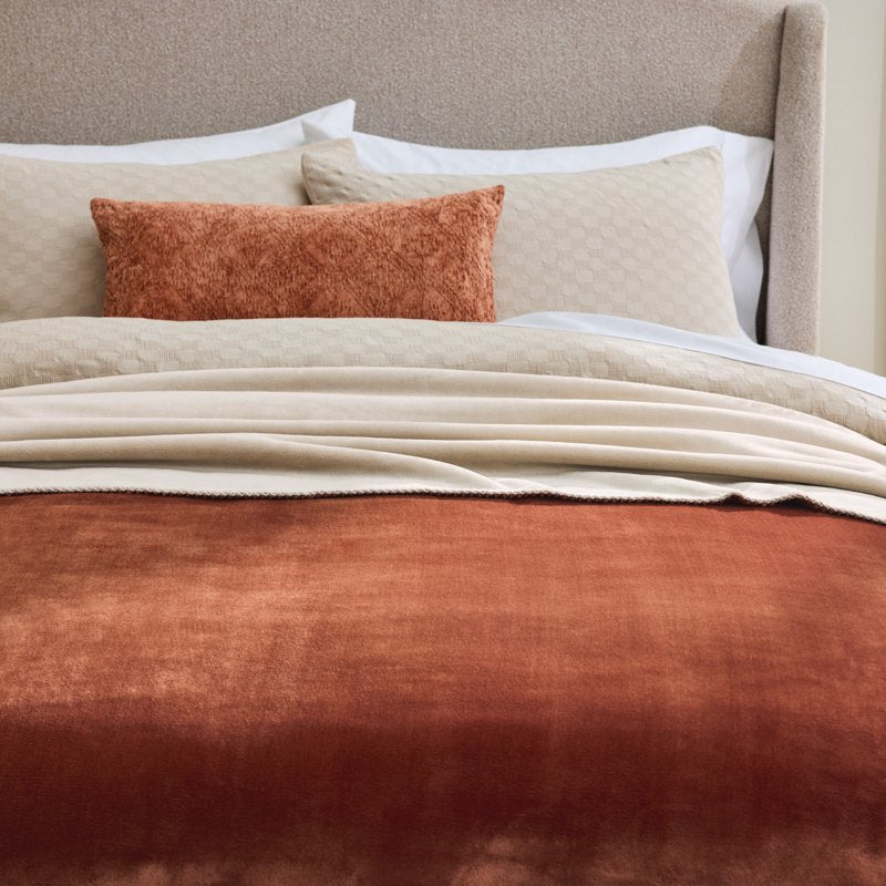 Full/Queen Reversible Velvet Plush Blanket - 90x96 Inches, Two-Tone Bedspread - Gingerbread & Beige
