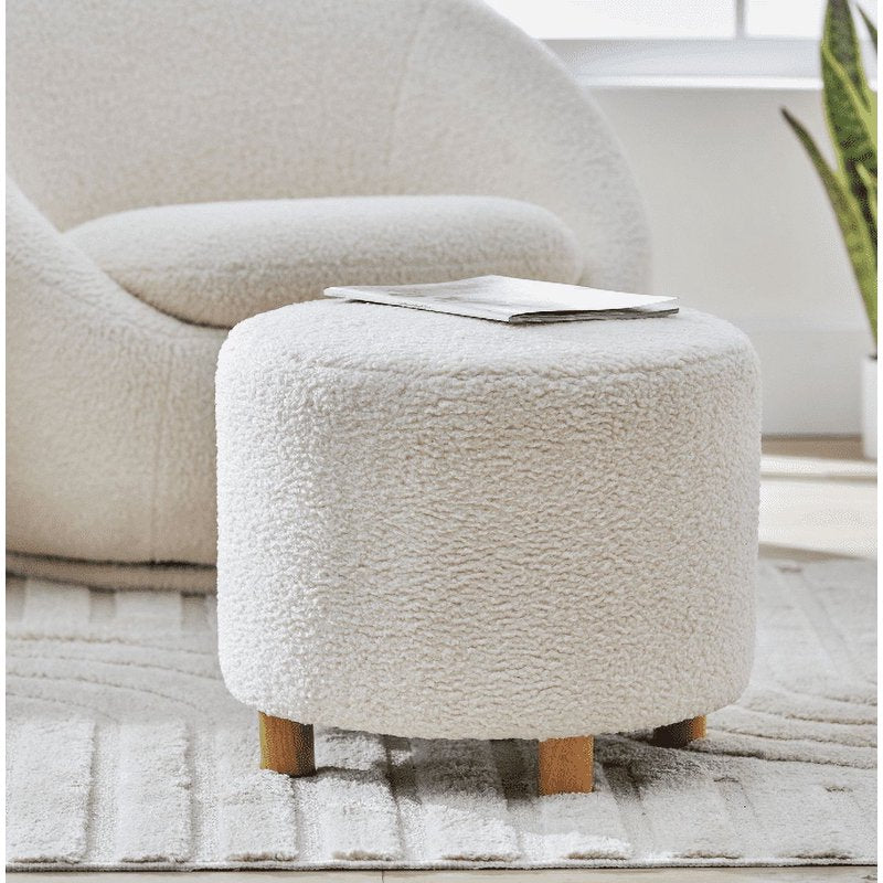 Round Cream Ottoman with Faux Sherpa Upholstery