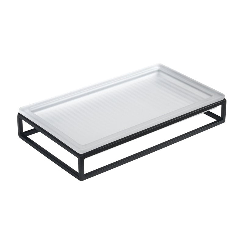 Ribbed Glass and Metal Vanity Tray - White with Black Accents