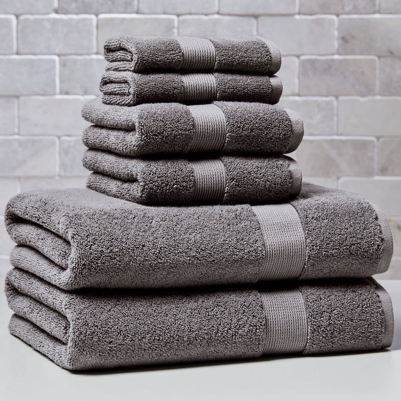 6-Piece Solid Cotton Towel Set - Grey Flannel, Soft & Absorbent