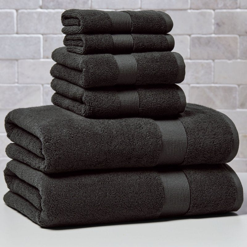 6-Piece Solid Cotton Towel Set - Rich Black, Soft & Absorbent