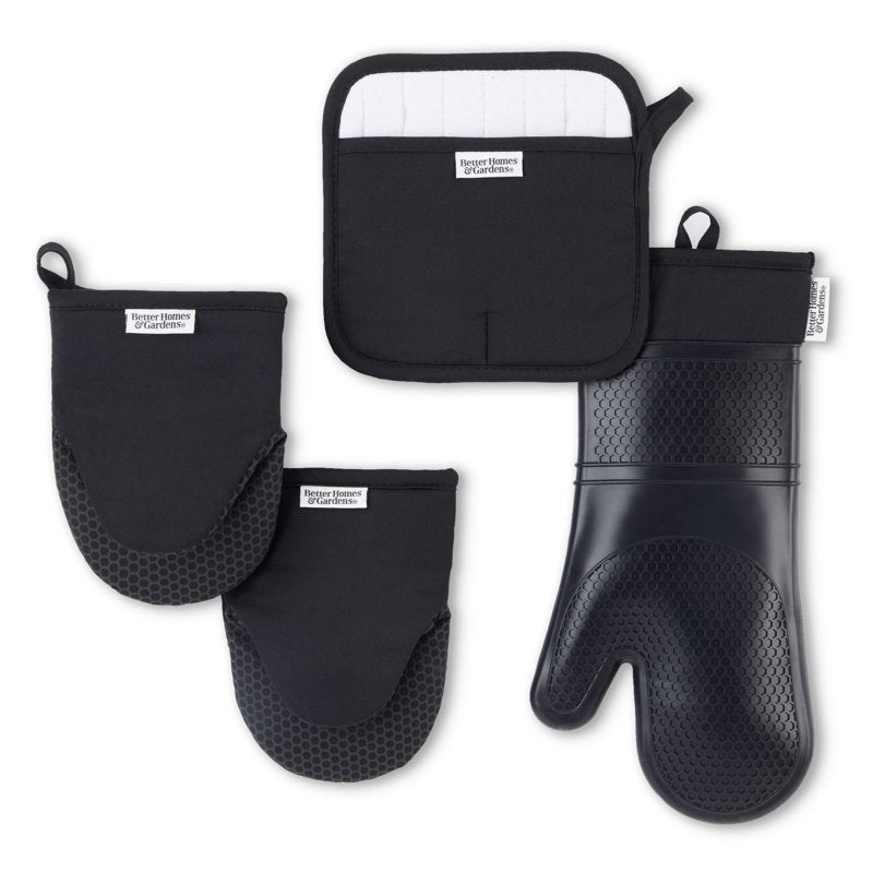 Oven Mitt, Potholder & Mini Mitt Set - Black - 4 Pieces