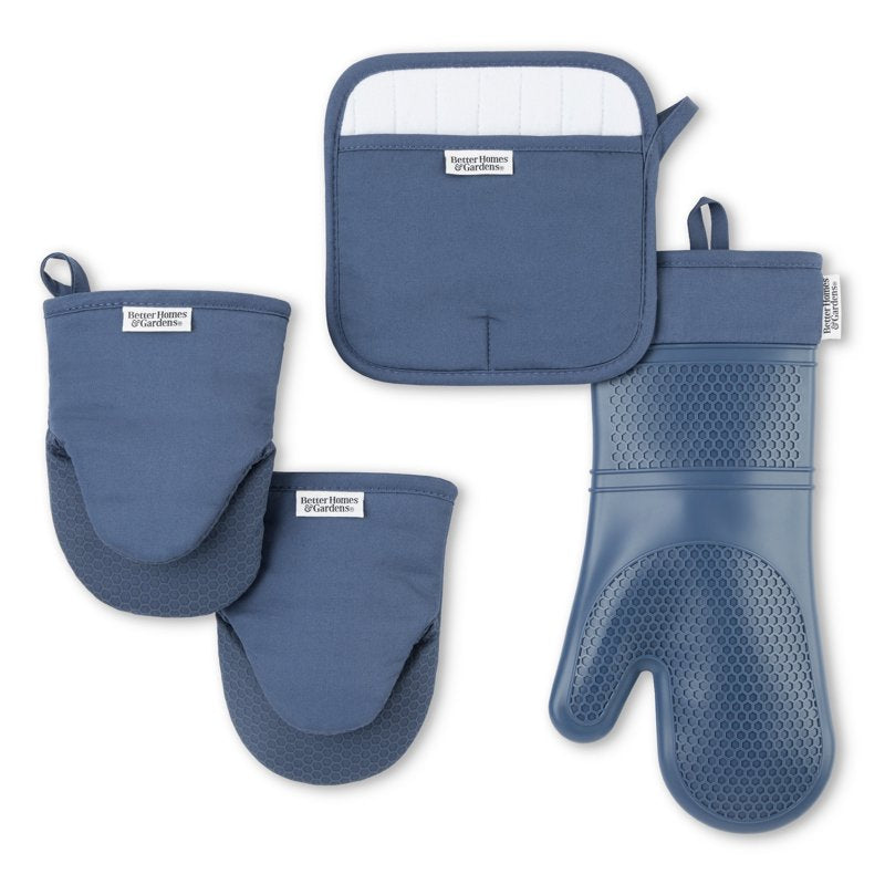 Silicone 4 Piece Kitchen Set - Oven Mitt, Potholder & Mini Mitts - Blue
