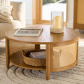 Round Coffee Table with Rattan Insert - Open Storage, Multiple Colors