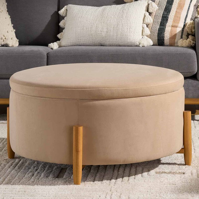 Round Storage Ottoman in Beige Velvet with Hidden Storage
