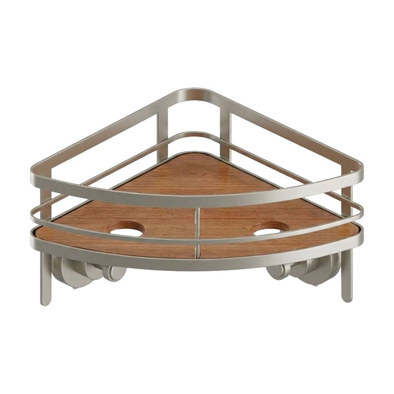 Corner Shower Caddy with Satin Nickel Finish & Acacia Wood Tray - Suction Mount, No Drilling