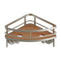 Corner Shower Caddy with Satin Nickel Finish & Acacia Wood Tray - Suction Mount, No Drilling